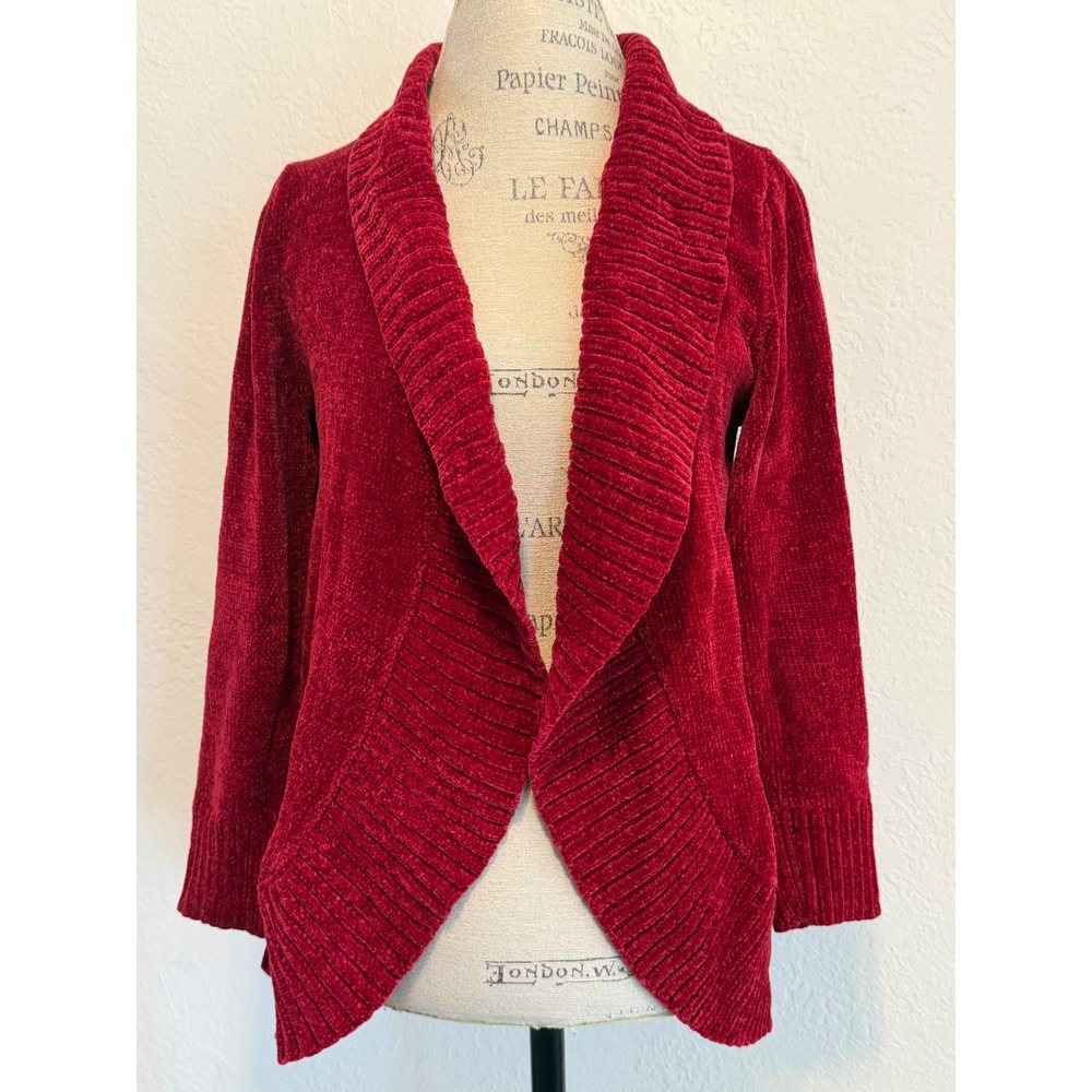 Style & Co Womens Red Chenille Open Front Cardigan Shawl Collar Sweater PL